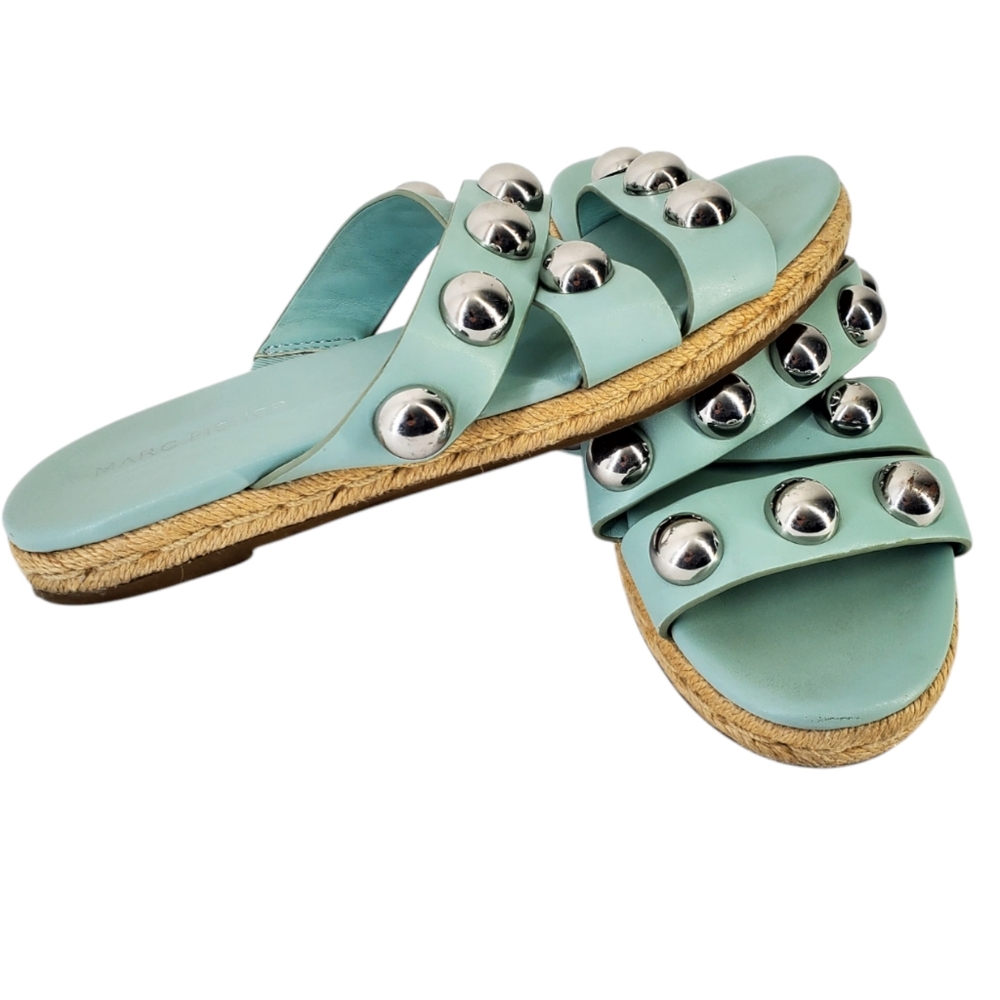 Marc Fisher Prisca Silverball Studded Espadrille Slip On Slides Light Green Sz 7